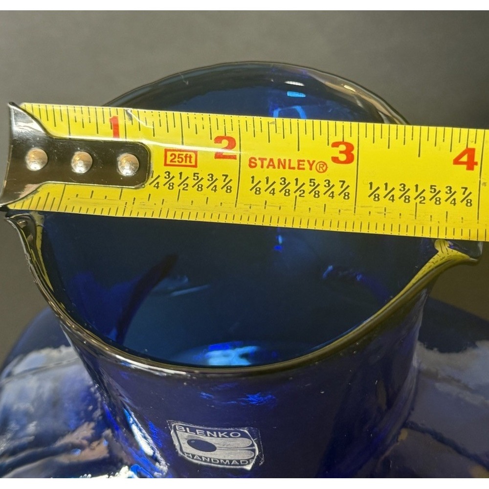 VTG Blenko Glass 384 Cobalt Blue Double Spout Water Bottle Pitcher Foil Label - Picture 12 of 13
